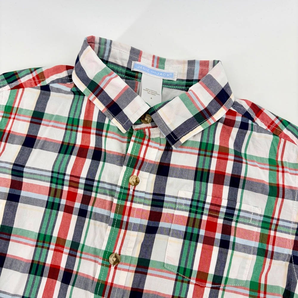 Janie and Jack Plaid Button Down Shirt Kids Size 6‎ Short Sleeve Cotton